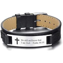 MPRAINBOW Christian Gifts for Men Boy,Inspirational Religious Bracelets-Cross Jesus God Scripture Bracelet,Bible Verse Personalized Mantra Quotes Engraved Jewelry Genuine Leather Bracelet,Ajustable 6''-7.7''