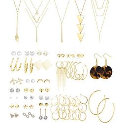 FIBO STEEL Necklace and Earring Jewelry Set 5 PCS Necklaces of Different Lengths with 38 Pairs Layered Ball Dangle Hoop Stud Earrings Mixed Women Fashion Jewelry