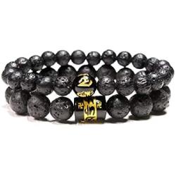 DMtse 2X Tibetan Buddhist Om Mani Padme Hum Power and Success Earth Volcanic Lava Buddha Bracelet for Mens Womens and Yogis