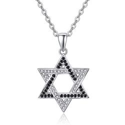 KINGWHYTE Star of David Necklace for Men Women 925 Sterling Silver Black White Cubic Zircoina Pendant Magen David Israel Jewelry 18+2''