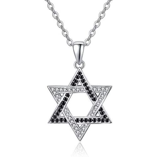 KINGWHYTE Star of David Necklace for Men Women 925 Sterling Silver Black White Cubic Zircoina Pendant Magen David Israel Jewelry 18+2''