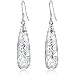 EVER FAITH Womens 925 Sterling Silver 1.8 Inch Simple Open Filigree Tear Drop Hook Dangle Earrings