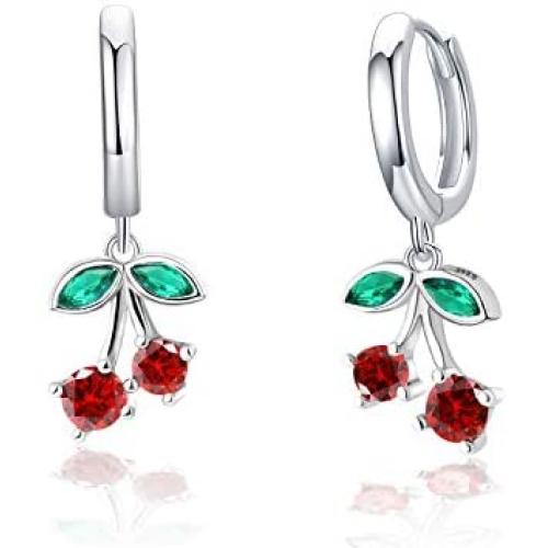 Cherry Earrings 925 Sterling Silver Cute Fruit Dangle Drop Huggies Earrings for Girl Hypoallergenic Earrings for Women Sensitive Ears Cherry Jewelry Cherry Gifts for Women