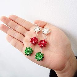 Christmas Bows Flower Piercing Dangle Earrings Red Green White Silver Plated Women Girls Holiday