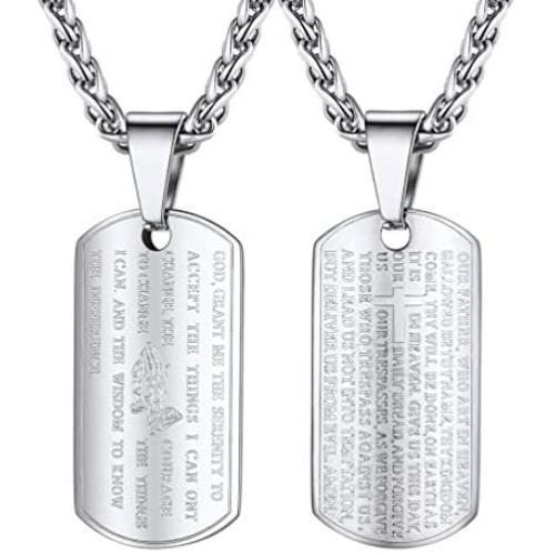 PROSTEEL Lords Prayer Tag Necklace, Stainless Steel Praying Hands Pendant & Chain, Mens Womens Necklace, 22inch-24inch, Come Gift Box