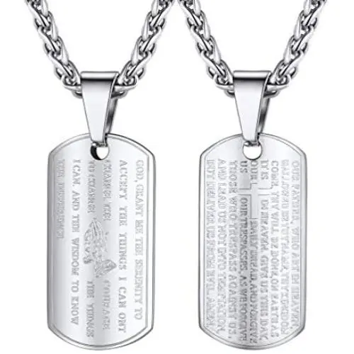PROSTEEL Lords Prayer Tag Necklace, Stainless Steel Praying Hands Pendant & Chain, Mens Womens Necklace, 22inch-24inch, Come Gift Box