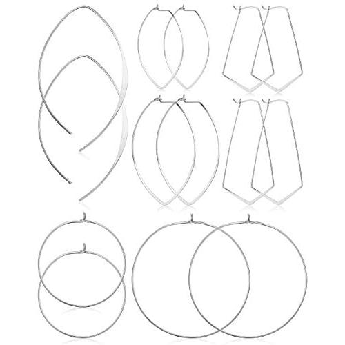 ORAZIO 7 Pairs Threader Hoop Earrings for Women Chic Minimalist Wire Drop Dangle Earrings Geometric Oval Dainty Simple Gold Silver Earrings Stainless Steel Jewelry Set