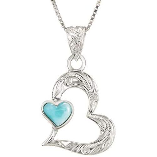 Aloha Jewelry Company Sterling Silver Natural Larimar Hawaiian Double Heart Necklace Pendant with 18'' Box Chain