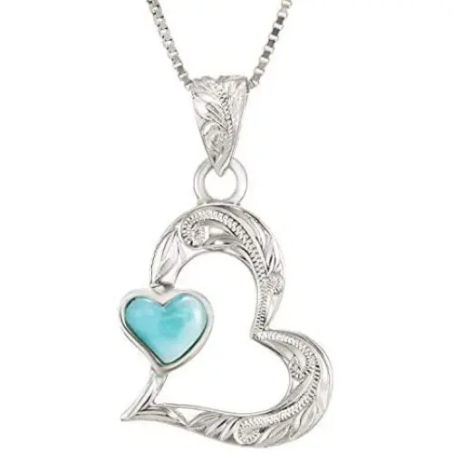 Aloha Jewelry Company Sterling Silver Natural Larimar Hawaiian Double Heart Necklace Pendant with 18'' Box Chain Aloha Jewelry Company Sterling Silver Natural Larimar Hawaiian Double Heart Necklace Pendant with 18'' Box Chain