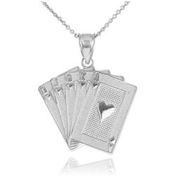 Mens Fine Jewelry Solid 925 Sterling Silver Royal Flush of Hearts Poker Pendant Necklace