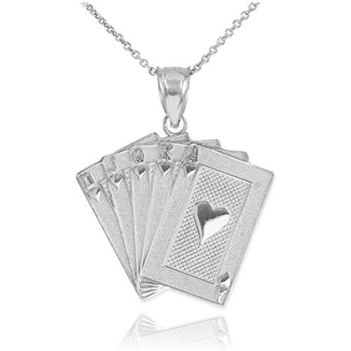 Mens Fine Jewelry Solid 925 Sterling Silver Royal Flush of Hearts Poker Pendant Necklace
