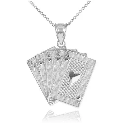 Mens Fine Jewelry Solid 925 Sterling Silver Royal Flush of Hearts Poker Pendant Necklace