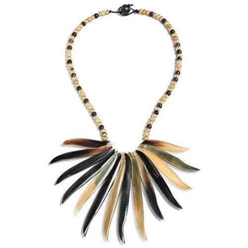 Bling Jewelry Natural Organic Buffalo Horn Tribal Boho Fashion Tweak Wood Beads Fan Bib Statement Necklace for Woman for Teen
