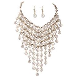 Faux Pearl Necklace Bib Chunky Necklaces For Women Fashion Jewelry Costume Layered Necklaces For Women Multi Strand Pearl White Beaded Statement Necklaces Earrings Set