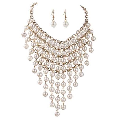 Faux Pearl Necklace Bib Chunky Necklaces For Women Fashion Jewelry Costume Layered Necklaces For Women Multi Strand Pearl White Beaded Statement Necklaces Earrings Set