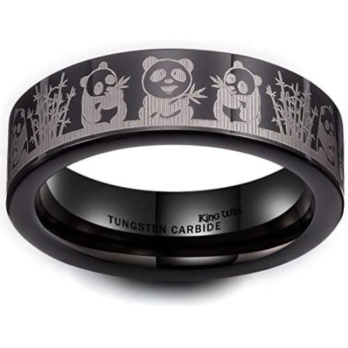 King Will Mens 6mm Tungsten Carbide Ring Inlaid with Panda Pattern Black High Polished