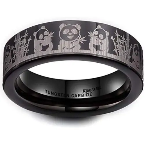 King Will Mens 6mm Tungsten Carbide Ring Inlaid with Panda Pattern Black High Polished