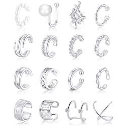 Ofeiyaa 16 PCS Ear Clips Cartilage Hoop Earring Ear Cuffs Non Piercing Earrings Wrap Set for Women Girl Men Size Adjustable Silver Gold Tone