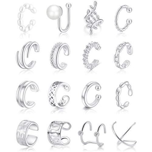 Ofeiyaa 16 PCS Ear Clips Cartilage Hoop Earring Ear Cuffs Non Piercing Earrings Wrap Set for Women Girl Men Size Adjustable Silver Gold Tone