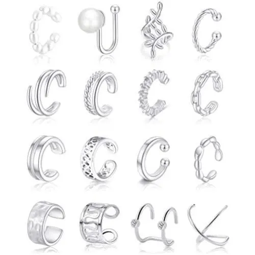 Ofeiyaa 16 PCS Ear Clips Cartilage Hoop Earring Ear Cuffs Non Piercing Earrings Wrap Set for Women Girl Men Size Adjustable Silver Gold Tone Ofeiyaa 16 PCS Ear Clips Cartilage Hoop Earring Ear Cuffs Non Piercing Earrings Wrap Set for Women Girl Men Size Adjustable Silver Gold Tone