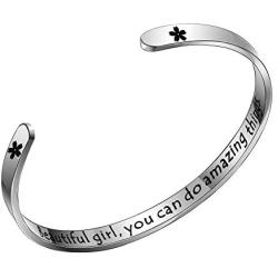 Maxforever Inspirational Gifts '' Beautiful Girl, You Can Do Amazing Things '' Bracelets for Women Birthday Motivational Cuff Bangle Friendship Personalized Charm Jewelry (Silver)