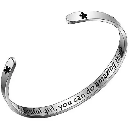 Maxforever Inspirational Gifts '' Beautiful Girl, You Can Do Amazing Things '' Bracelets for Women Birthday Motivational Cuff Bangle Friendship Personalized Charm Jewelry (Silver)