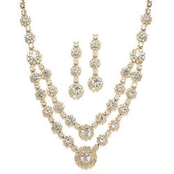 Mariell Gold Two-Row Rhinestone Crystal Necklace and Earrings Set - Prom, Brides and Bridesmaids Jewelry