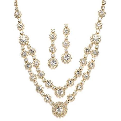 Mariell Gold Two-Row Rhinestone Crystal Necklace and Earrings Set - Prom, Brides and Bridesmaids Jewelry