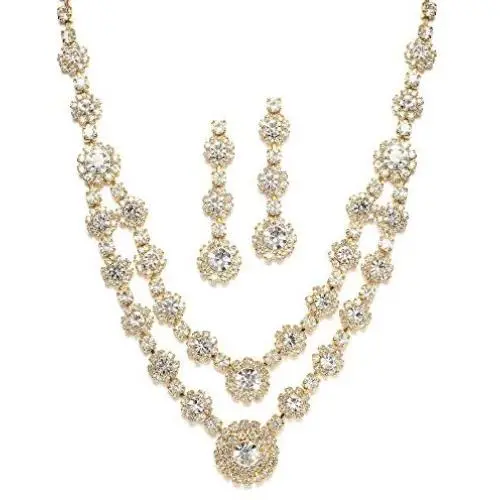 Mariell Gold Two-Row Rhinestone Crystal Necklace and Earrings Set - Prom, Brides and Bridesmaids Jewelry Mariell Gold Two-Row Rhinestone Crystal Necklace and Earrings Set - Prom, Brides and Bridesmaids Jewelry