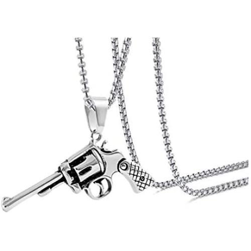 Xusamss Punk Titanium Steel Revolver Gun Pendant Necklace,24inches Link Chain