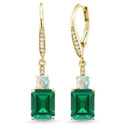 Gem Stone King 4.50 Ct Green Simulated Emerald White Simulated Opal 18K Yellow Gold Plated Silver Earrings