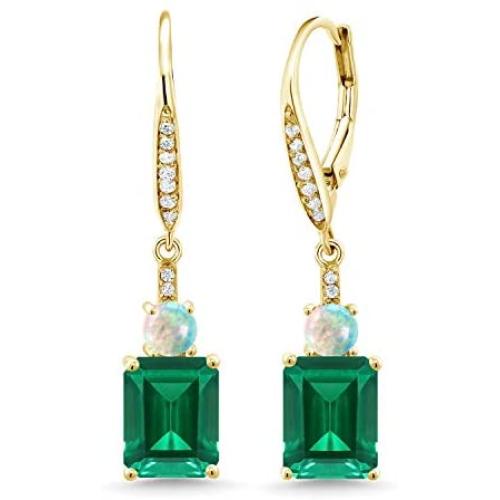 Gem Stone King 4.50 Ct Green Simulated Emerald White Simulated Opal 18K Yellow Gold Plated Silver Earrings