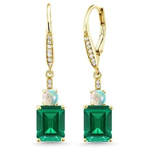 Gem Stone King 4.50 Ct Green Simulated Emerald White Simulated Opal 18K Yellow Gold Plated Silver Earrings