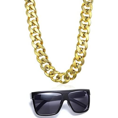 VALIJINA 80s 90s Hip Hop Costume Jewelry for Women Men Gold Acrylic Chain Necklace Sunglasses Rapper Punk Style Costume Kit