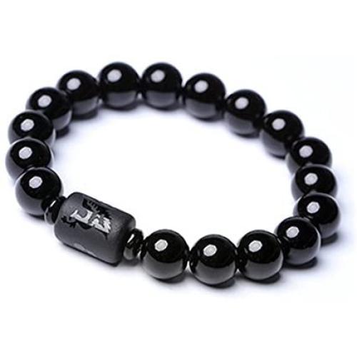 SX Commerce Natural Obsidian Stone Bead Bracelet Couple Men 10mm and Women 8mm Dragon and Phoenix Totem Jewelry