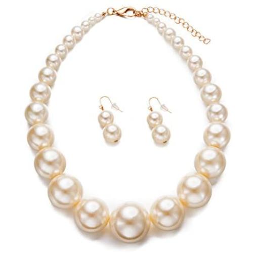 Womens Faux Big Pearl Choker Necklace and Earring Set Fashion Pearl Set