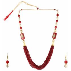 Efulgenz Indian Handcrafted Traditional Designer Simulated Pearl Beaded Multi Stranded Necklace with Dangler Earrings Bollywood Jewelry Sets for Women and Girls