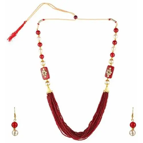 Efulgenz Indian Handcrafted Traditional Designer Simulated Pearl Beaded Multi Stranded Necklace with Dangler Earrings Bollywood Jewelry Sets for Women and Girls