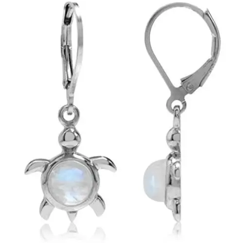Silvershake Cabochon Gemstone White Gold Plated 925 Sterling Silver Stylish Turtle Dangle Leverback Earrings Jewelry