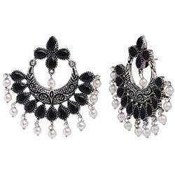 Efulgenz Boho Vintage Antique Ethnic Gypsy Tribal Indian Oxidized Silver Pearl Drop Floral Chandbali Dangle Earrings Jewelry