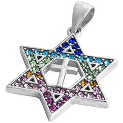 Silver 925 & Rainbow Zircons Classic Pendant Of Messianic Star Of David With Cross, Israel Jerusalem Holy Land Gift Solid Silver 925 Necklace