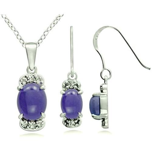 RB Gems Sterling Silver 925 Jewelry Set Genuine Gemstone Cabochon 10x8 mm, Rhodium-Plated Finish, 2 Pieces Set