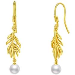 Zoeniya Pearl Drop Earrings with 6mm Freshwater Pearl Long Leaf Dangle Earrings Jewelry Gifts for Women Girls Birthday Anniversary Mothers Day