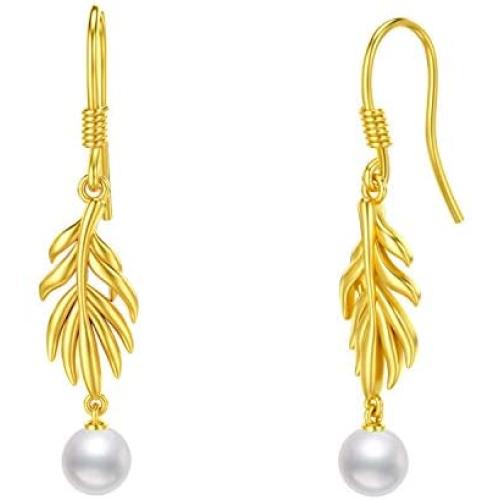 Zoeniya Pearl Drop Earrings with 6mm Freshwater Pearl Long Leaf Dangle Earrings Jewelry Gifts for Women Girls Birthday Anniversary Mothers Day