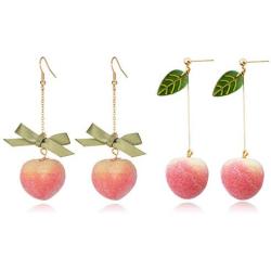 ZRosse 2 Pairs 3D Pink Peach Drop Earrings Cute Fruit Gold Dangle Earrings Charm Jewelry Gift Earrings for Women Girls