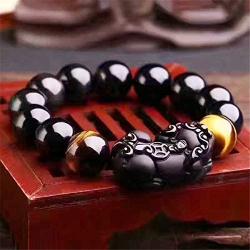 Feng Shui The Best 10mm Black Hand Carved Mantra Bead Bracelet with Obsidian Pi Xiu/Pi Yao Lucky Wealthy Amulet Brecelet with Tigers Eye/Black Stone