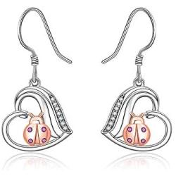 Heart Miraculous Ladybug Dangle Drop Earrings 925 Sterling sliver Pierced Hook Dainty Animal Jewelry Trendy Meraculas Hypoallergenic Earring for Sensitive Ears Gifts for Her