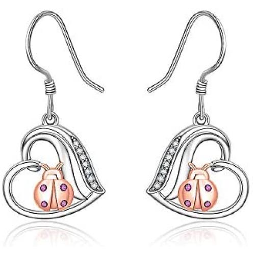 Heart Miraculous Ladybug Dangle Drop Earrings 925 Sterling sliver Pierced Hook Dainty Animal Jewelry Trendy Meraculas Hypoallergenic Earring for Sensitive Ears Gifts for Her