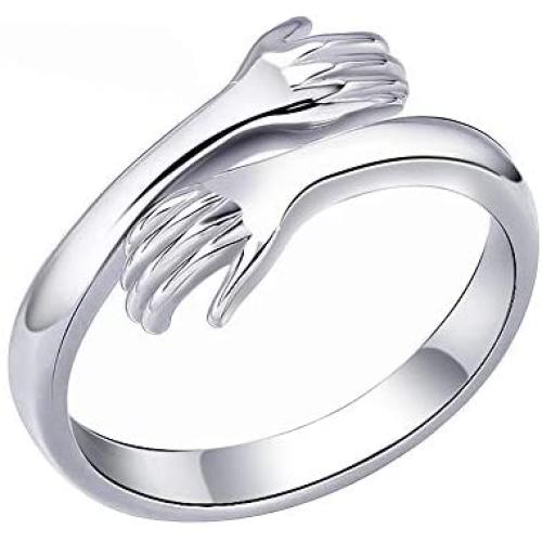 LEOBELLA 925 Sterling Silver Couple Hug Ring for Women Girls Men Silver Hugging Hands Open Ring Jewelry Hug Hands Lover Rings Wedding Bands