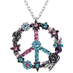 Alilang Silver Tone Retro Pink Blue Flower Crystal Rhinestone Hippie Peace Symbol Pendant Necklace